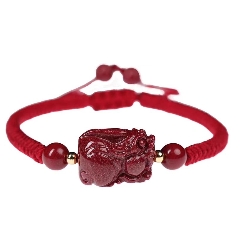 Natural genuine cinnabar lucky Pixiu bracelet women's leather mound red rope