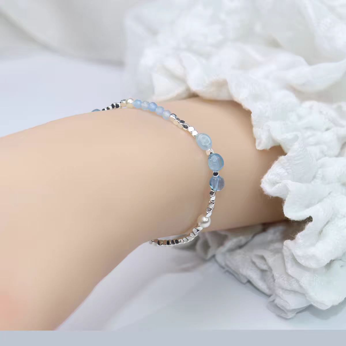 Natural Sea Blue Treasure Broken Silver Bracelet for Women