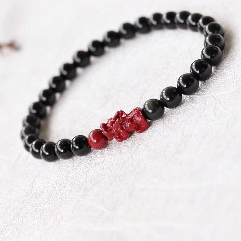 Obsidian beads, cinnabar Pixiu, natural obsidian bracelet