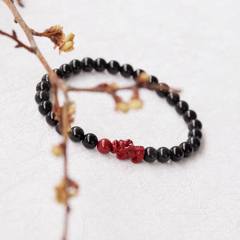 Obsidian beads, cinnabar Pixiu, natural obsidian bracelet